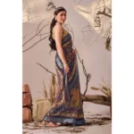 Generic Women's Faux_Linen Printed Saree With Unstitched Blouse 5.5Mtr (Navy_Blue) - Image 3