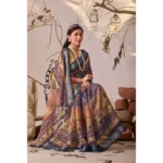 Generic Women's Faux_Linen Printed Saree With Unstitched Blouse 5.5Mtr (Navy_Blue) - Image 4