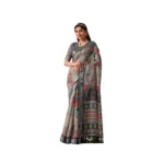 Light Grey Faux Linen Printed Saree for Women