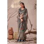 Generic Women's Faux_Linen Printed Saree With Unstitched Blouse 5.5Mtr (Light_Grey) - Image 3