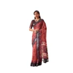 Red Faux Linen Printed Saree for Women