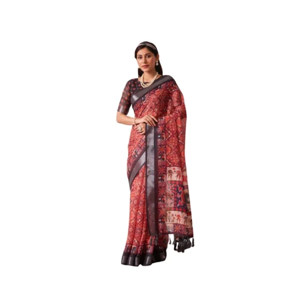 Red Faux Linen Printed Saree for Women