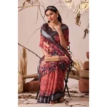 Generic Women's Faux_Linen Printed Saree With Unstitched Blouse 5.5Mtr (Red) - Image 3
