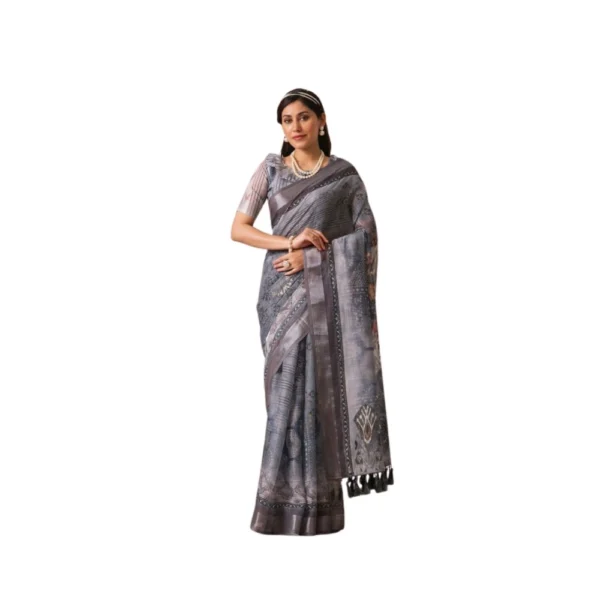 Light Grey Faux Linen Printed Saree for Women