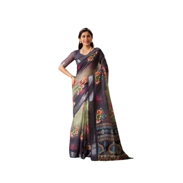 Navy Blue Faux Linen Printed Saree for Women