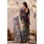 Generic Women's Faux_Linen Printed Saree With Unstitched Blouse 5.5Mtr (Navy_Blue) - Image 2