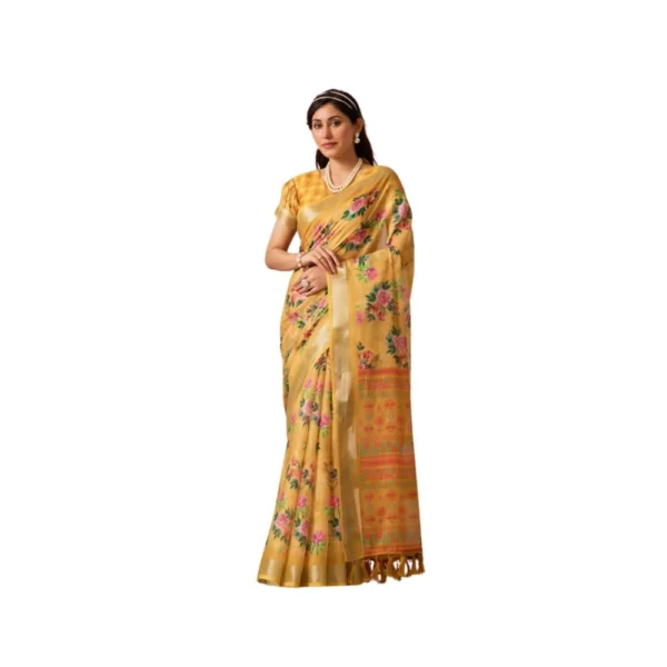 Gold Faux Linen Printed Saree for Women