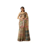 Beige Faux Linen Printed Saree for Women