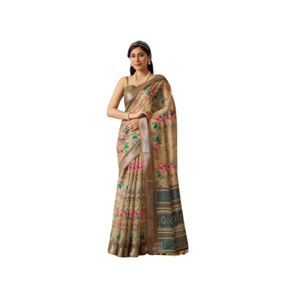 Beige Faux Linen Printed Saree for Women