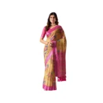 Gold Faux Linen Printed Saree for Women