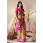 Generic Women's Faux_Linen Printed Saree With Unstitched Blouse 5.5Mtr (Gold) - Image 3