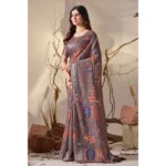 Generic Women's Faux_Linen Printed Saree With Unstitched Blouse 5.5Mtr (Light_Brown) - Image 4
