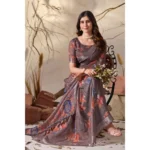 Generic Women's Faux_Linen Printed Saree With Unstitched Blouse 5.5Mtr (Light_Brown) - Image 3