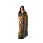 Mustard Faux Linen Printed Saree for Women
