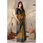 Generic Women's Faux_Linen Printed Saree With Unstitched Blouse 5.5Mtr (Mustard) - Image 4