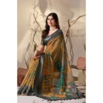 Generic Women's Faux_Linen Printed Saree With Unstitched Blouse 5.5Mtr (Mustard) - Image 3