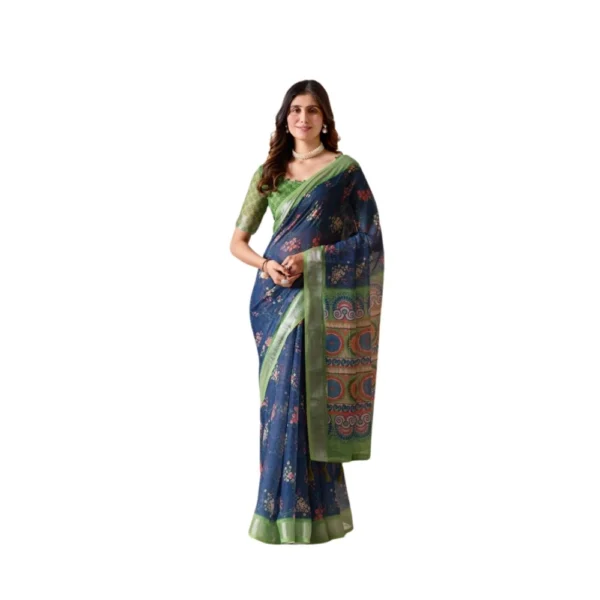 Navy Blue Faux Linen Printed Saree for Women