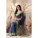 Generic Women's Faux_Linen Printed Saree With Unstitched Blouse 5.5Mtr (Navy_Blue) - Image 3