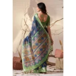 Generic Women's Faux_Linen Printed Saree With Unstitched Blouse 5.5Mtr (Navy_Blue) - Image 2