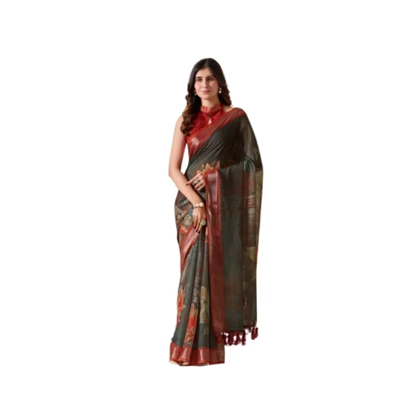 Dark Green Faux Linen Printed Saree