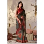 Generic Women's Faux_Linen Printed Saree With Unstitched Blouse 5.5Mtr (Dark_Green) - Image 4