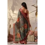 Generic Women's Faux_Linen Printed Saree With Unstitched Blouse 5.5Mtr (Dark_Green) - Image 2