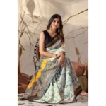 Generic Women's Faux_Linen Printed Saree With Unstitched Blouse 5.5Mtr (Light_Green) - Image 3
