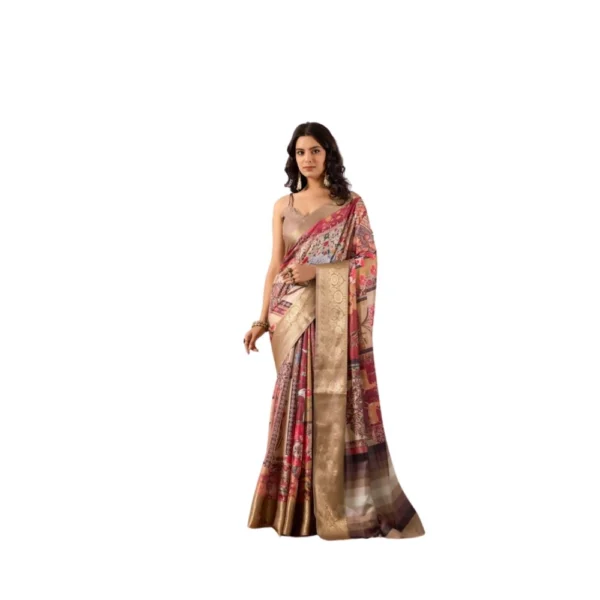 Beige Faux Silk Printed Saree
