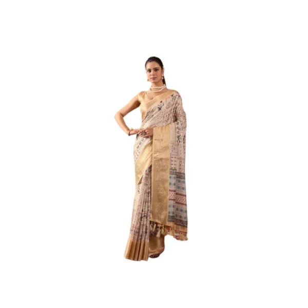 Beige Faux Silk Printed Saree for Women