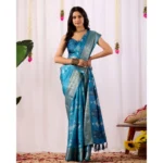 Generic Women's Faux_Banarasi_Silk Woven Saree With Unstitched Blouse 5.5Mtr (Turquoise) - Image 4