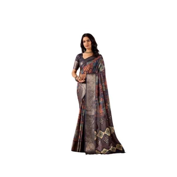 Navy Blue Faux Silk Printed Saree for Women