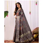 Generic Women's Faux_Silk Printed Saree With Unstitched Blouse 5.5Mtr (Navy_Blue) - Image 4