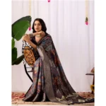 Generic Women's Faux_Silk Printed Saree With Unstitched Blouse 5.5Mtr (Navy_Blue) - Image 3