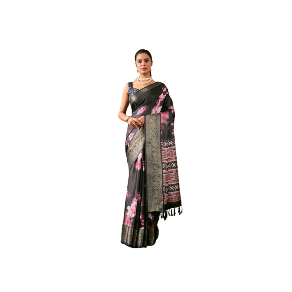 Generic Women's Faux_Silk Printed Saree With Unstitched Blouse 5.5Mtr (Black)