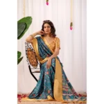 Generic Women's Faux_Banarasi Printed Saree With Unstitched Blouse 5.5Mtr (Teal) - Image 3