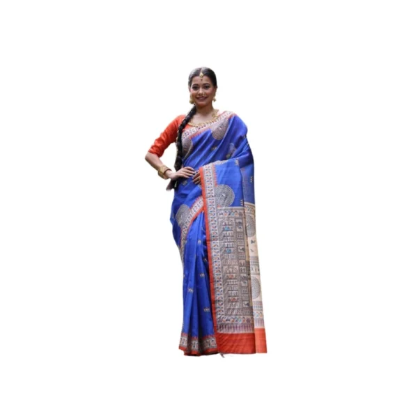 Navy Blue Faux Tussar Silk Printed Saree for Women