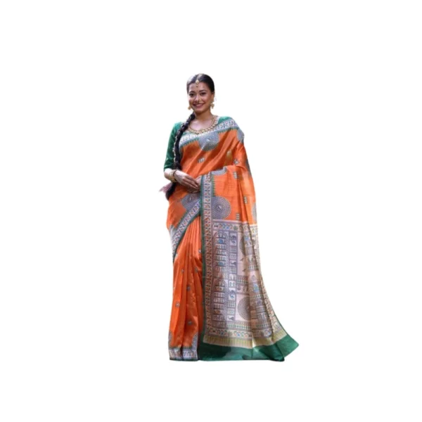Orange Faux Tussar Silk Printed Saree for Women