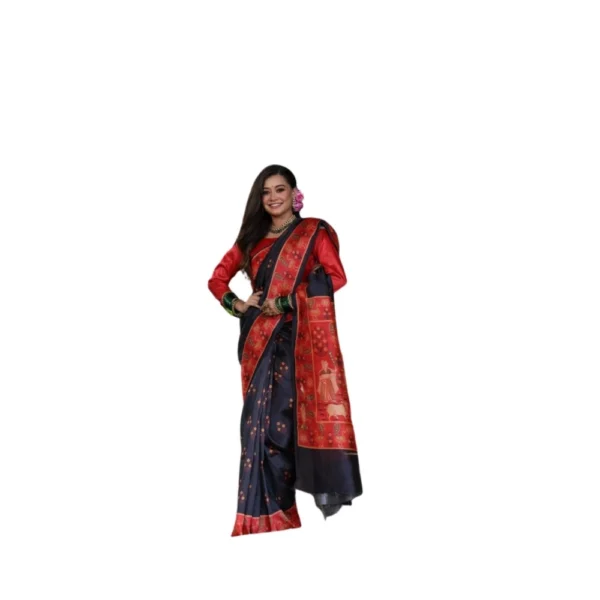 Black Faux Tussar Silk Printed Saree for Women