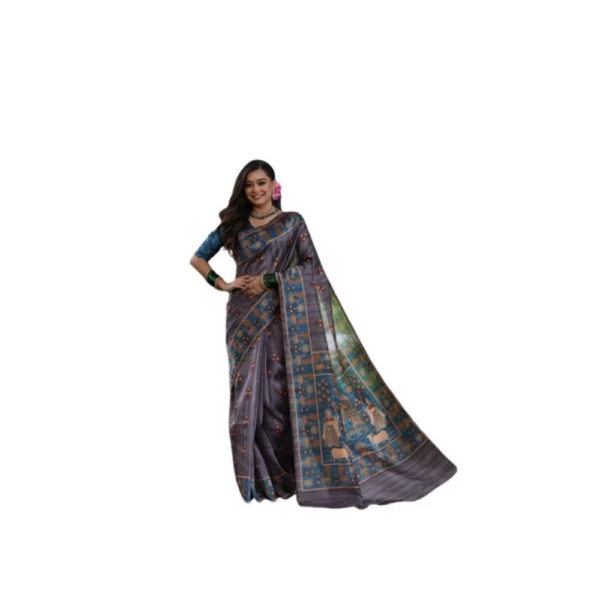 Grey Faux Tussar Silk Printed Saree for Women