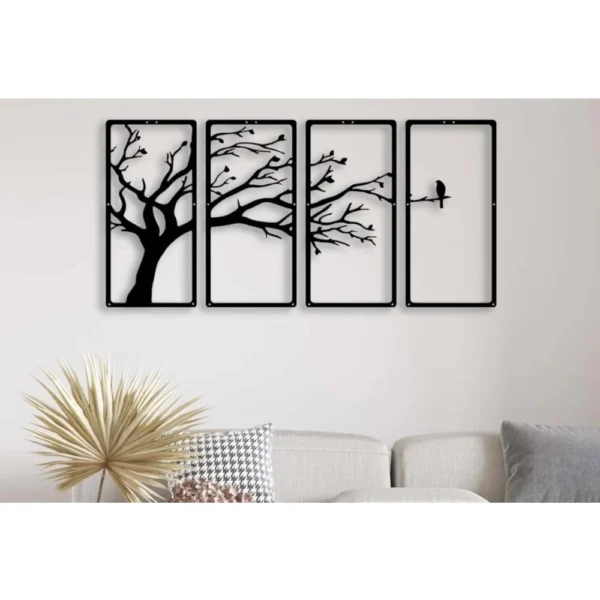 Set of 4 black wooden 3D tree wall art panels