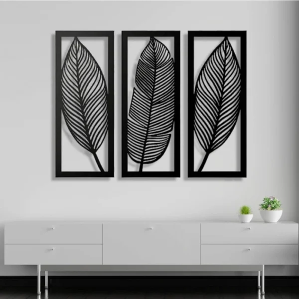 Set of 3 black wooden leaf wall art panels