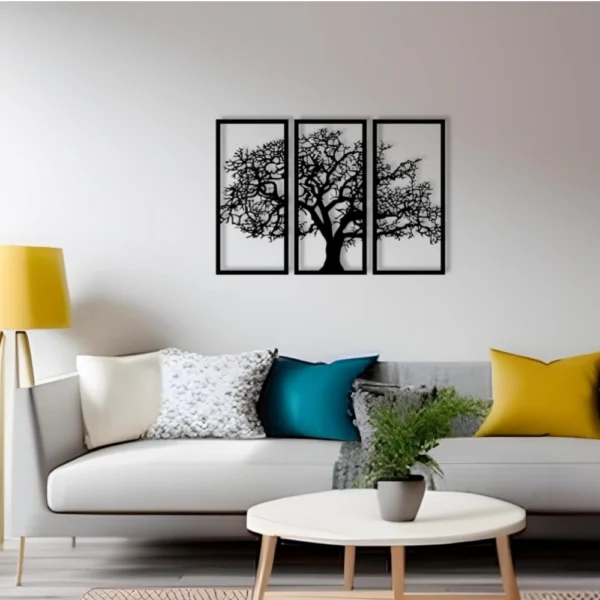 Set of 3 black wooden tree wall art panels
