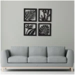 Set of 4 black wooden square tree leaf wall art panels