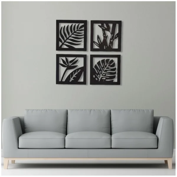 Set of 4 black wooden square tree leaf wall art panels