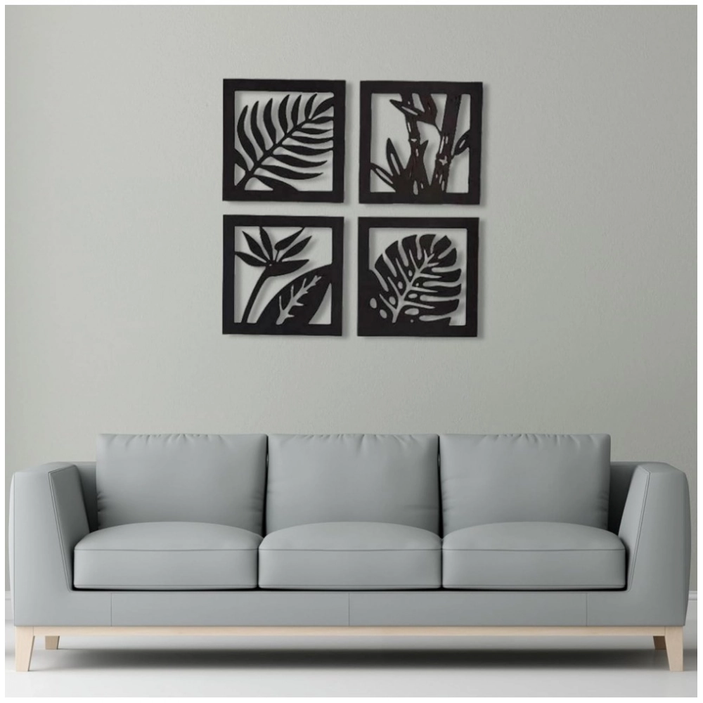 Set of 4 black wooden square tree leaf wall art panels