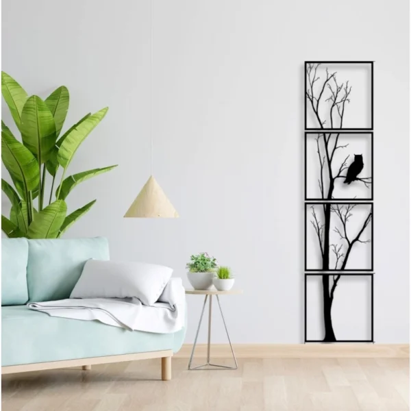 Set of 4 black wooden vertical tree wall art panels
