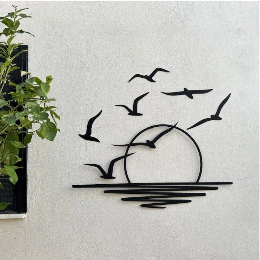 Black wooden frameless Seagulls at Sunrise wall decor