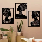 Set of 3 black wooden wall decor panels with African design