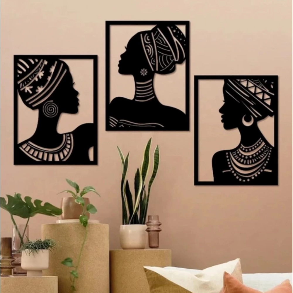 Set of 3 black wooden wall decor panels with African design
