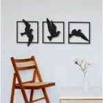 Set of 3 black wooden wall decor panels with bird design